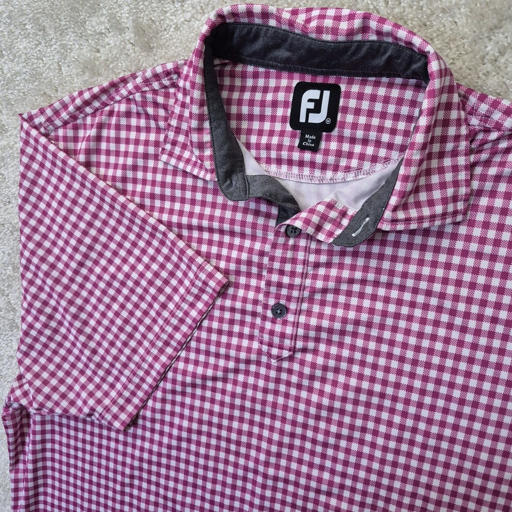 FootJoy Polo Shirt Mens Medium Pink Gingham Check Golf Performance Outdoor Logo